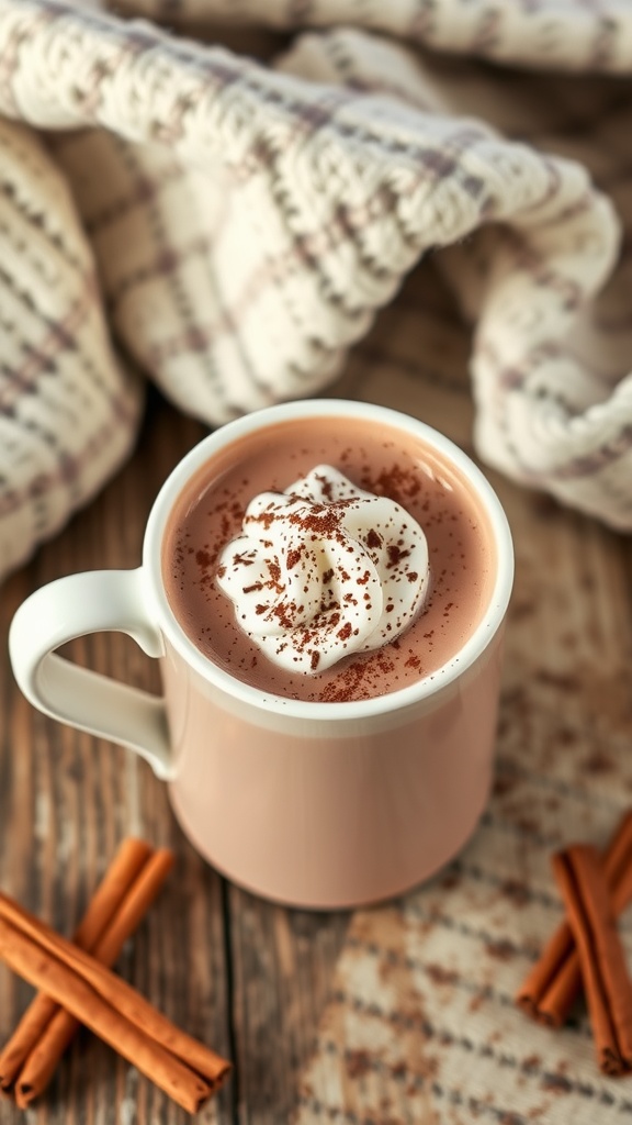 Creamy vegan hot chocolate in a mug with whipped cream and cocoa powder on a wooden table.
